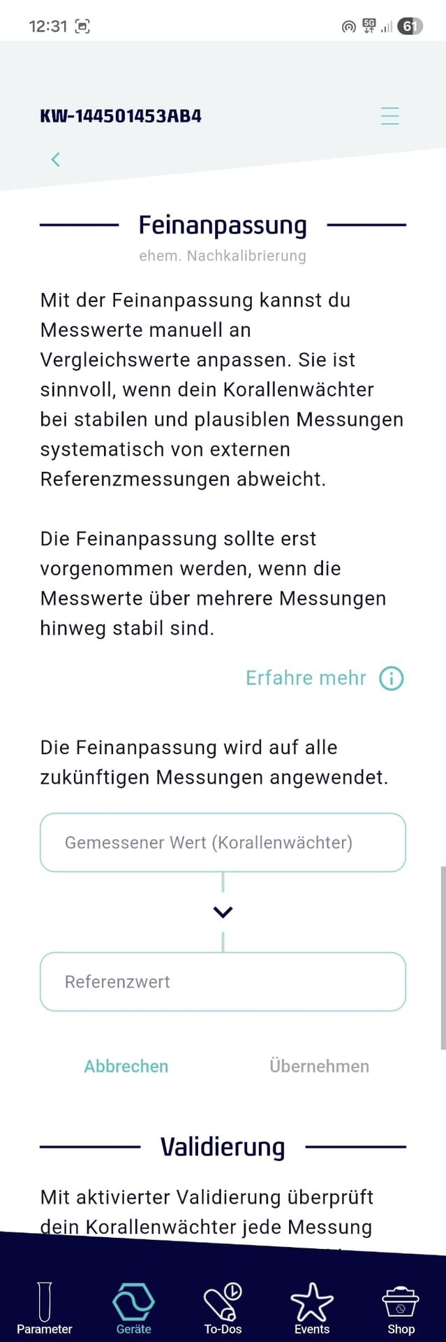 Feinanpassung in der Typus App – Eingabe von Mess- und Referenzwert