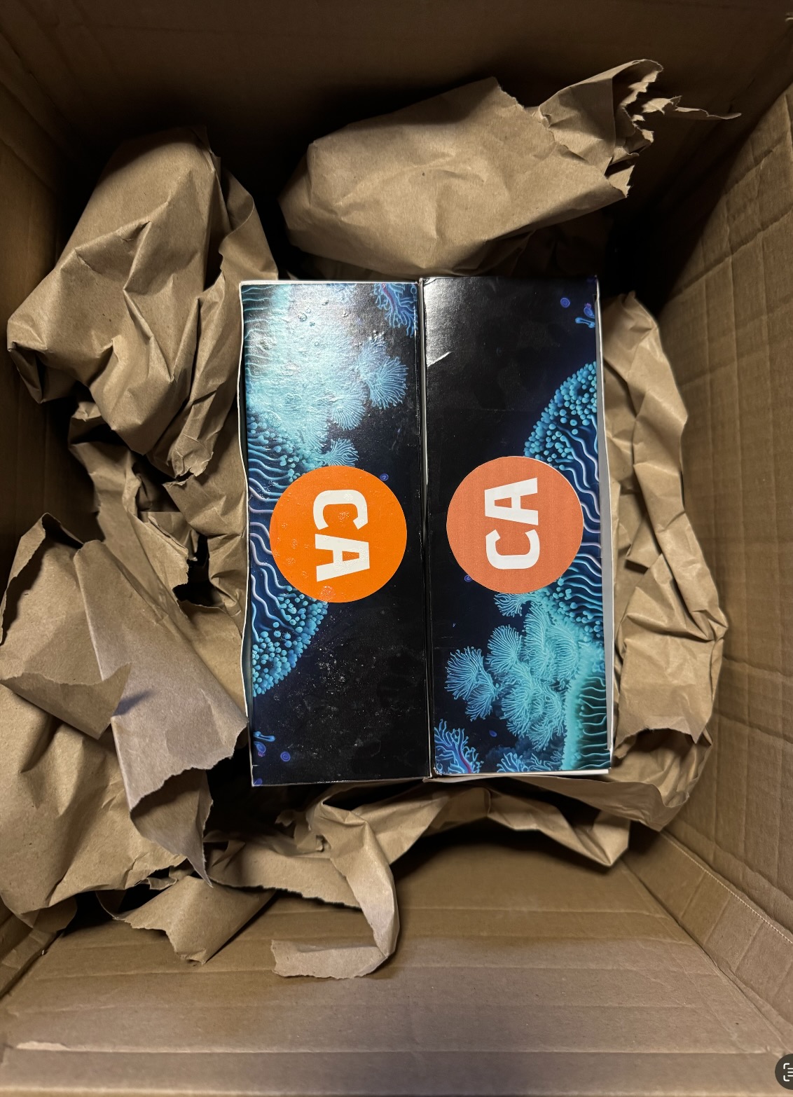 Kartusche in Produktverpackung, eingebettet in Polsterung im Versandkarton